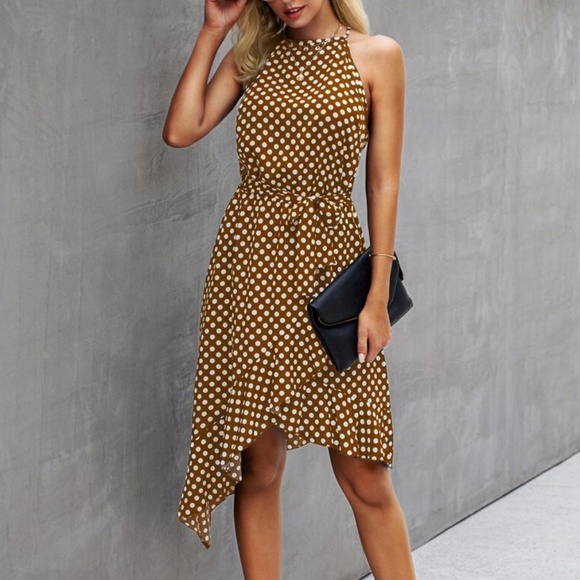 Boho Polka Dot Belted Ruffle Mini Dress Navy Blue - Picture 6 of 8